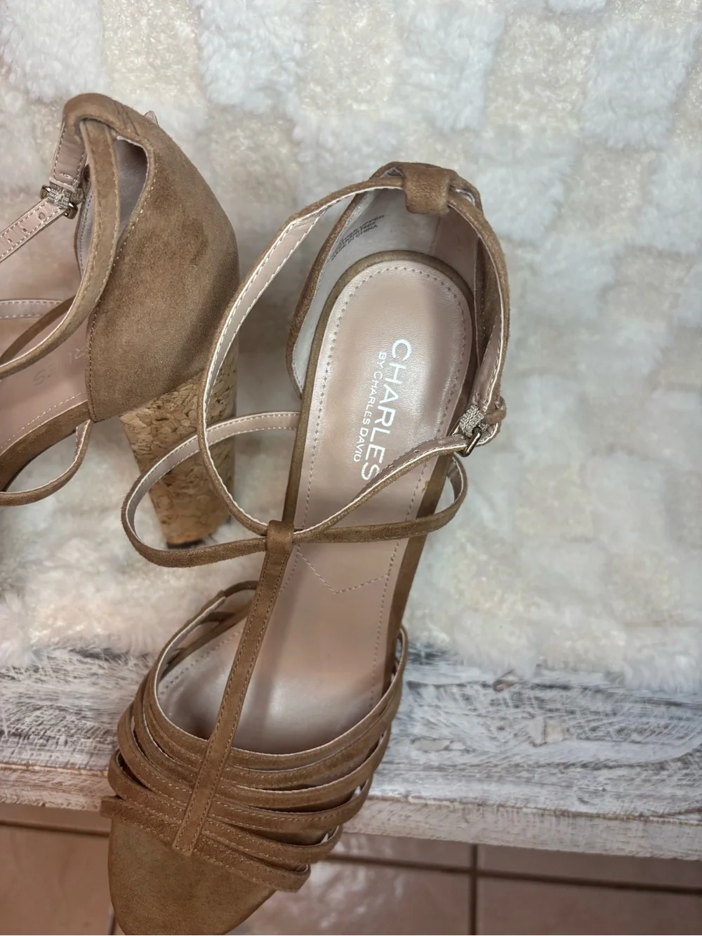 Charles By Charles David Women’s Tan Cork Platform Strappy Heels